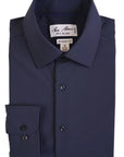 Navy blue dress shirt with a collar label on a white background