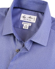 Blue checkered dress shirt with brand label on a white background