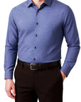 Blue checkered dress shirt worn by a person on a white background