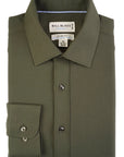 Folded green dress shirt with 'Bill Blass' label on a white background