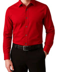 Red dress shirt worn by a person on a white background