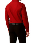Red dress shirt worn by a person on a white background