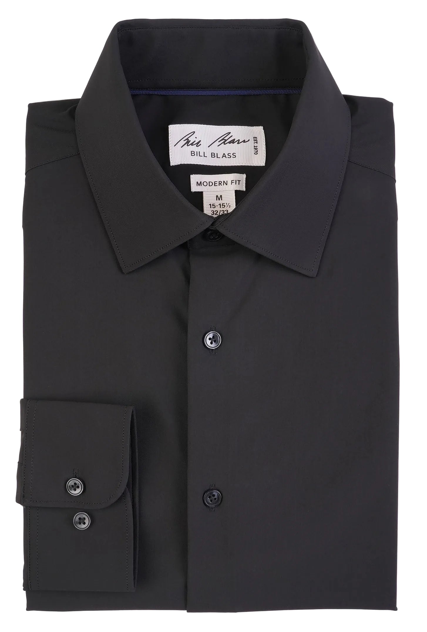 Folded black dress shirt with a label on a white background