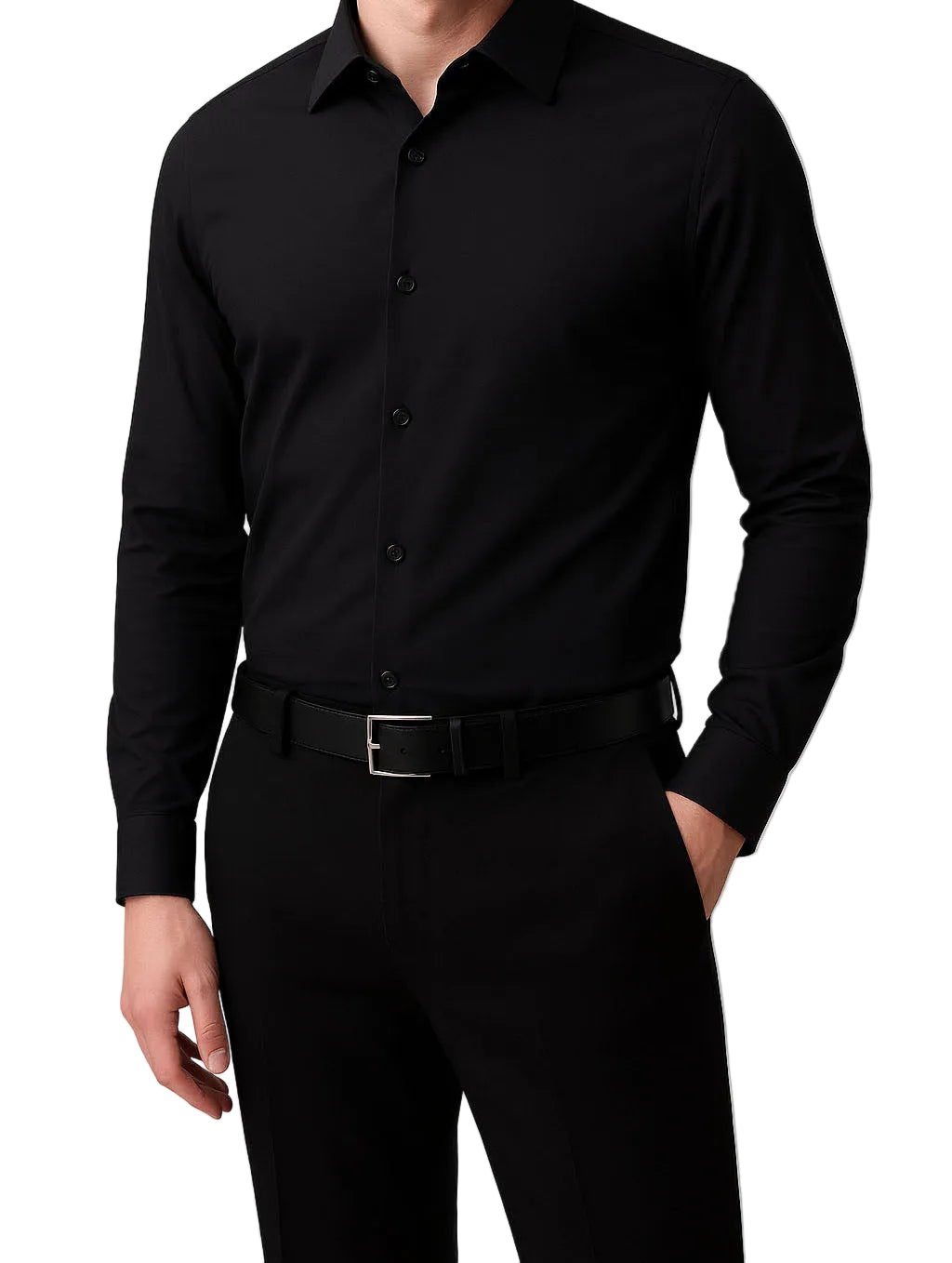 Black dress shirt and pants on a white background