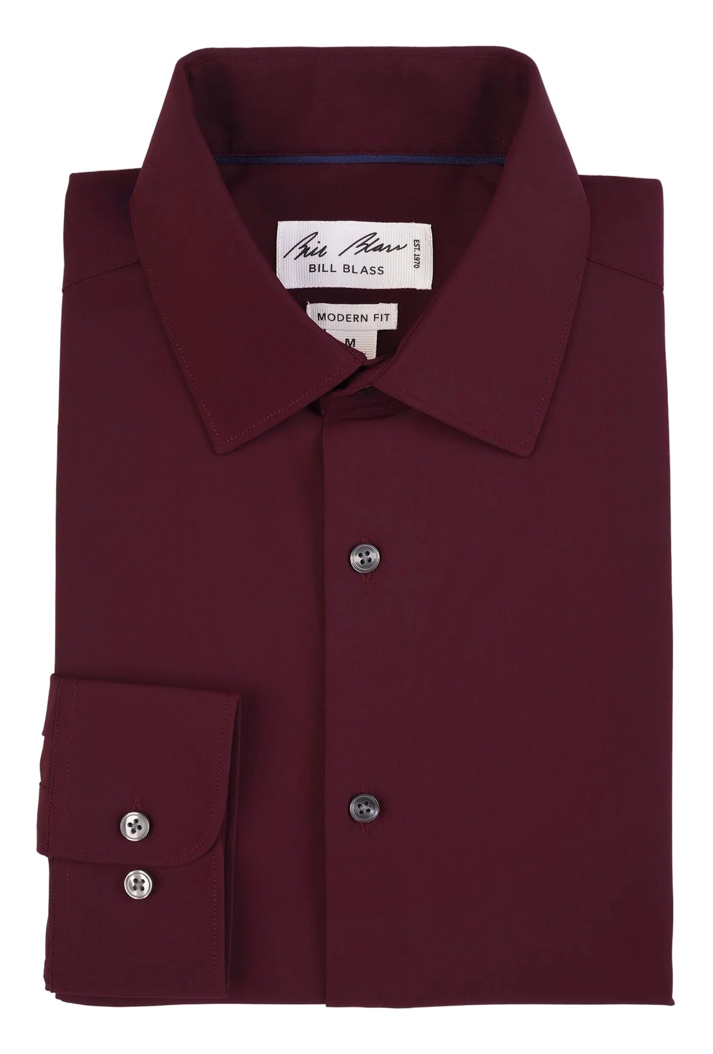 Folded maroon dress shirt with a visible brand label on a white background