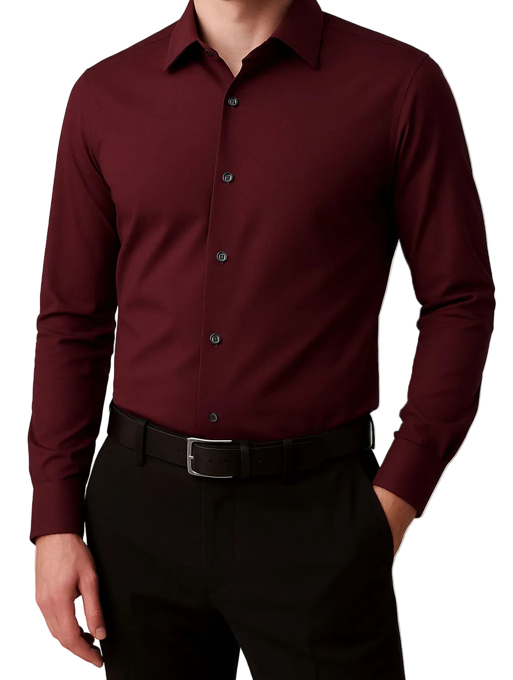 Maroon dress shirt worn by a person on a white background