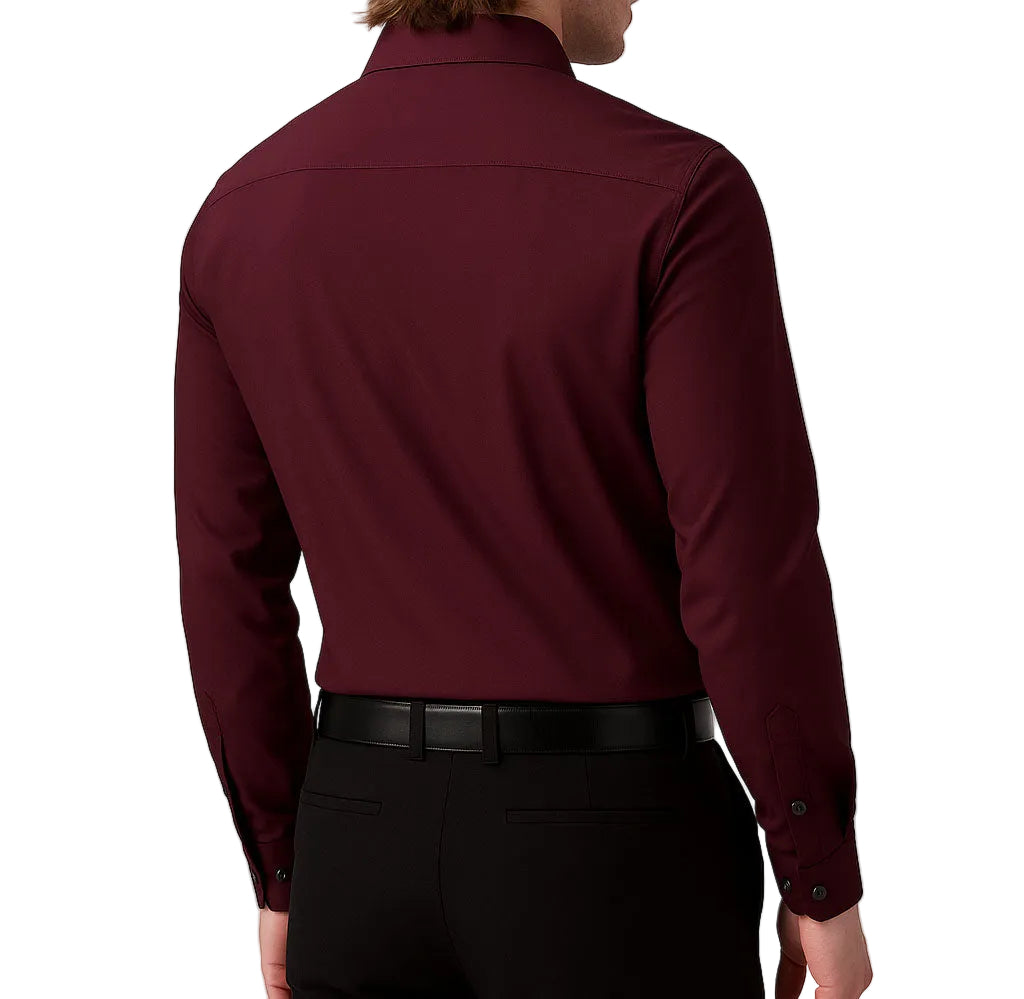 Maroon dress shirt worn by a person on a white background
