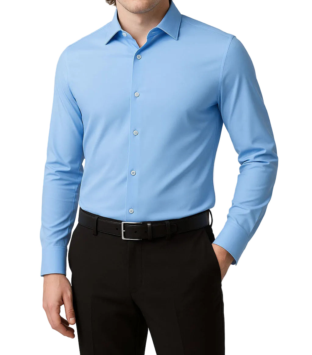 Man wearing a light blue dress shirt and black pants on a white background
