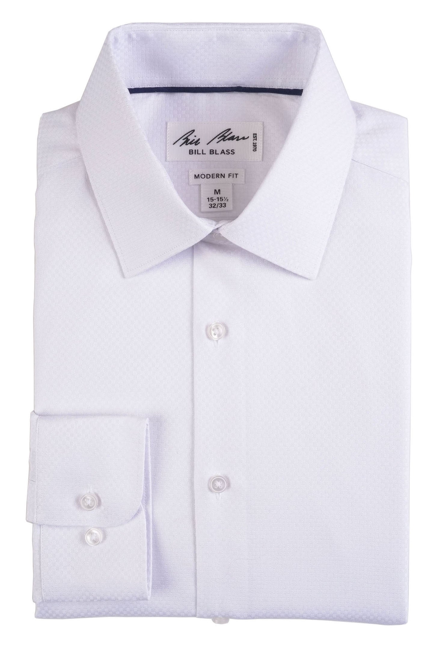 Folded white dress shirt with 'Bill Blass' label on a white background