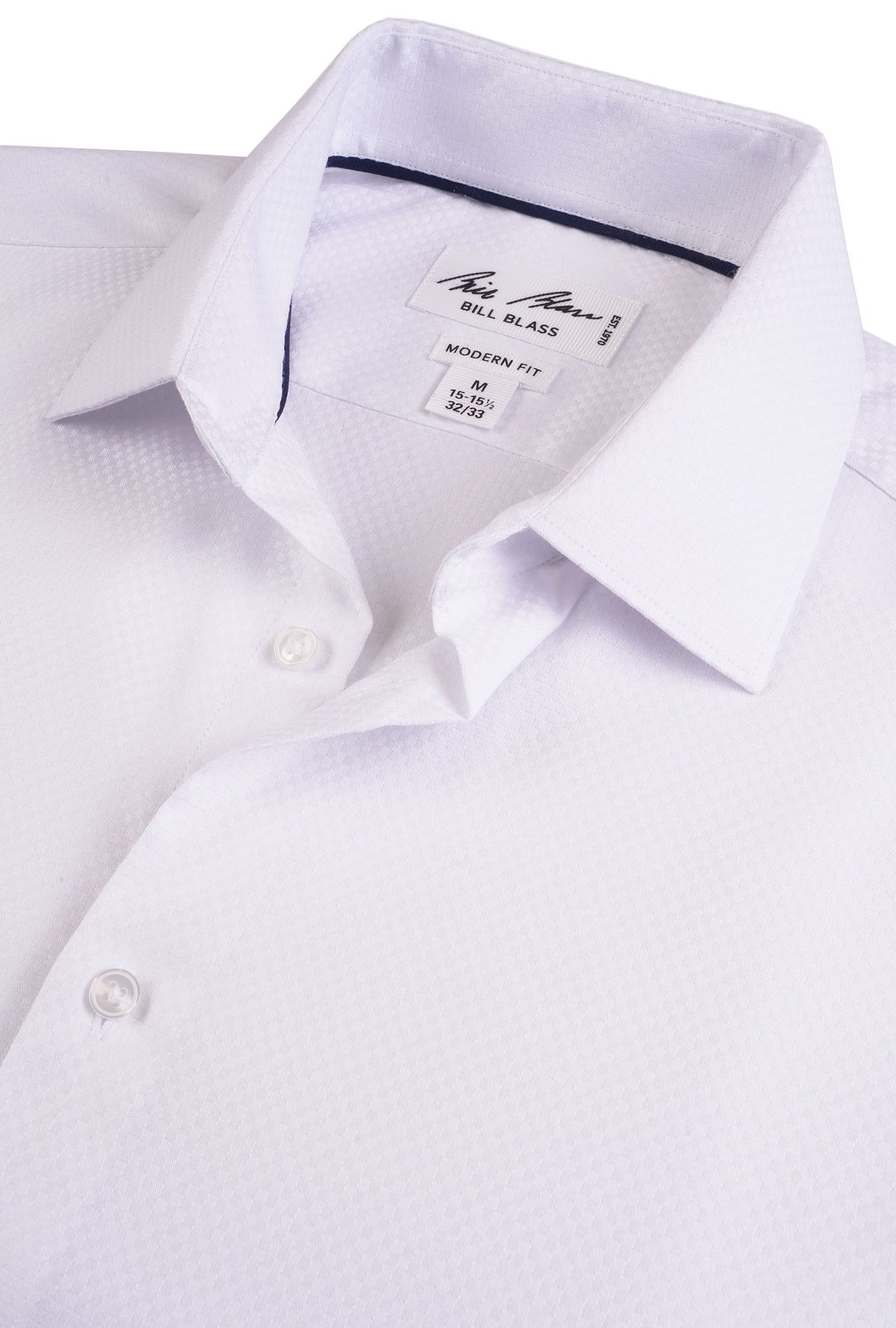 White dress shirt with a collar detail and brand label on a white background