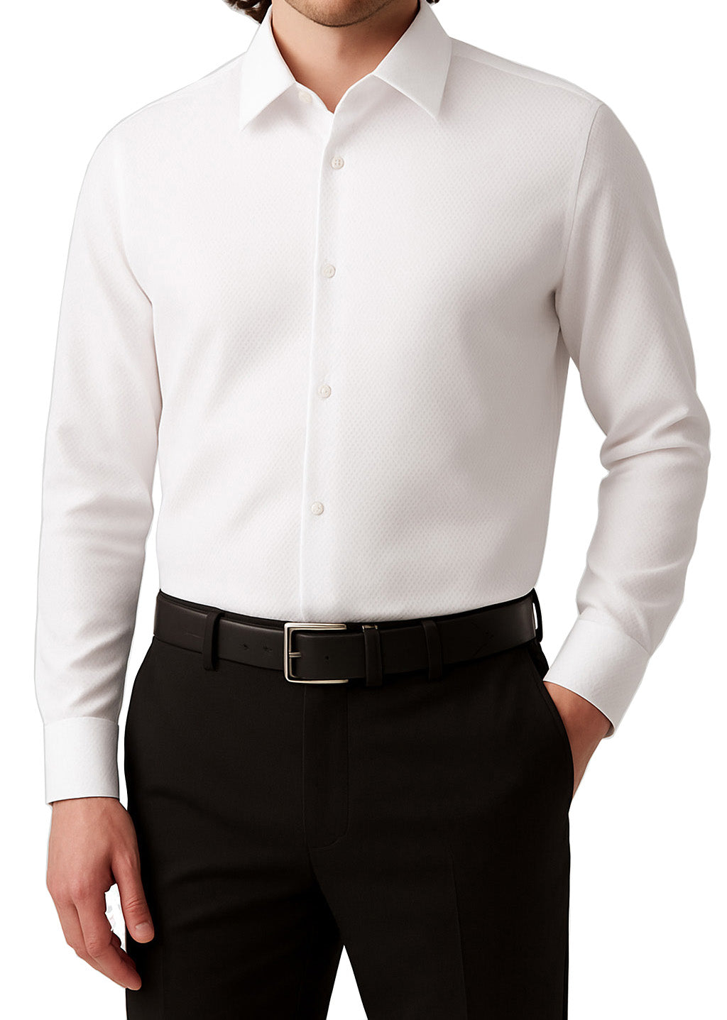 White dress shirt worn by a person on a white background