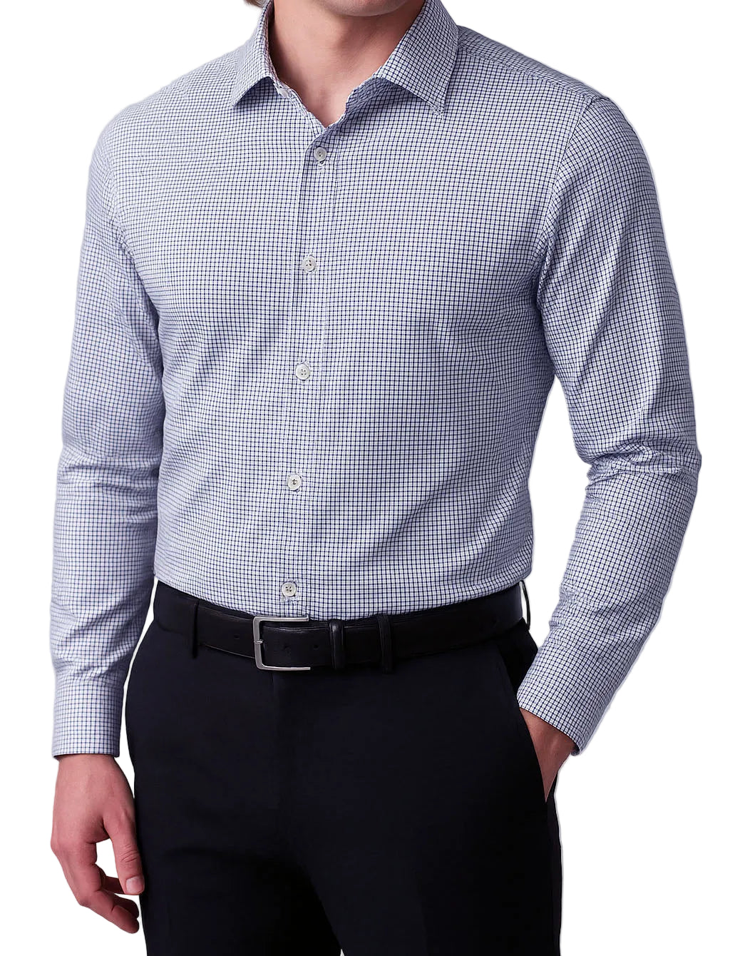 Man wearing a blue checkered dress shirt and black pants on a white background