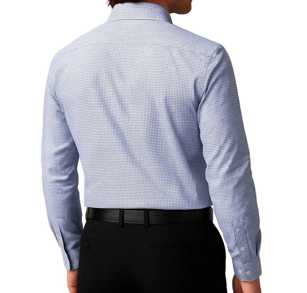 Person wearing a blue checkered dress shirt and black pants on a white background