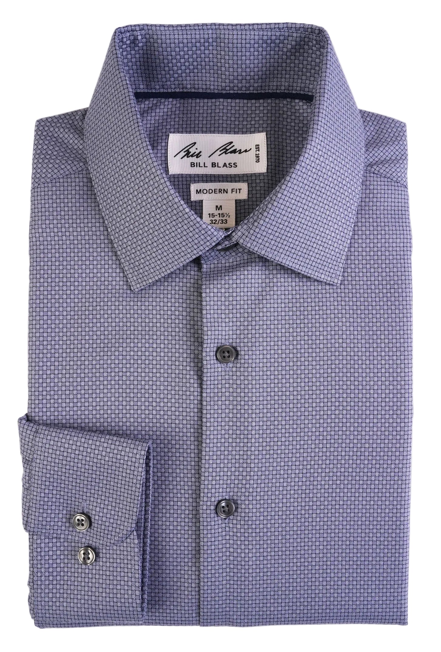 Blue checkered dress shirt with 'Bill Blass' label on a white background