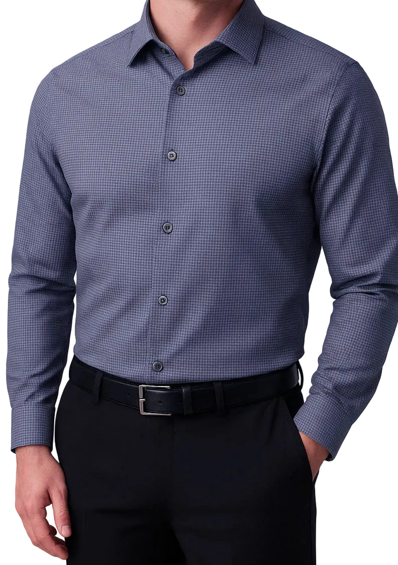 Blue checkered dress shirt worn by a person on a white background