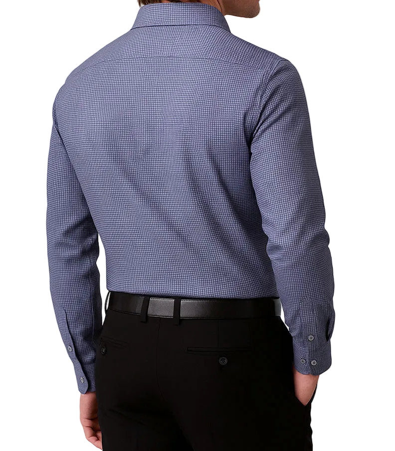 Blue checkered shirt worn by a person on a white background