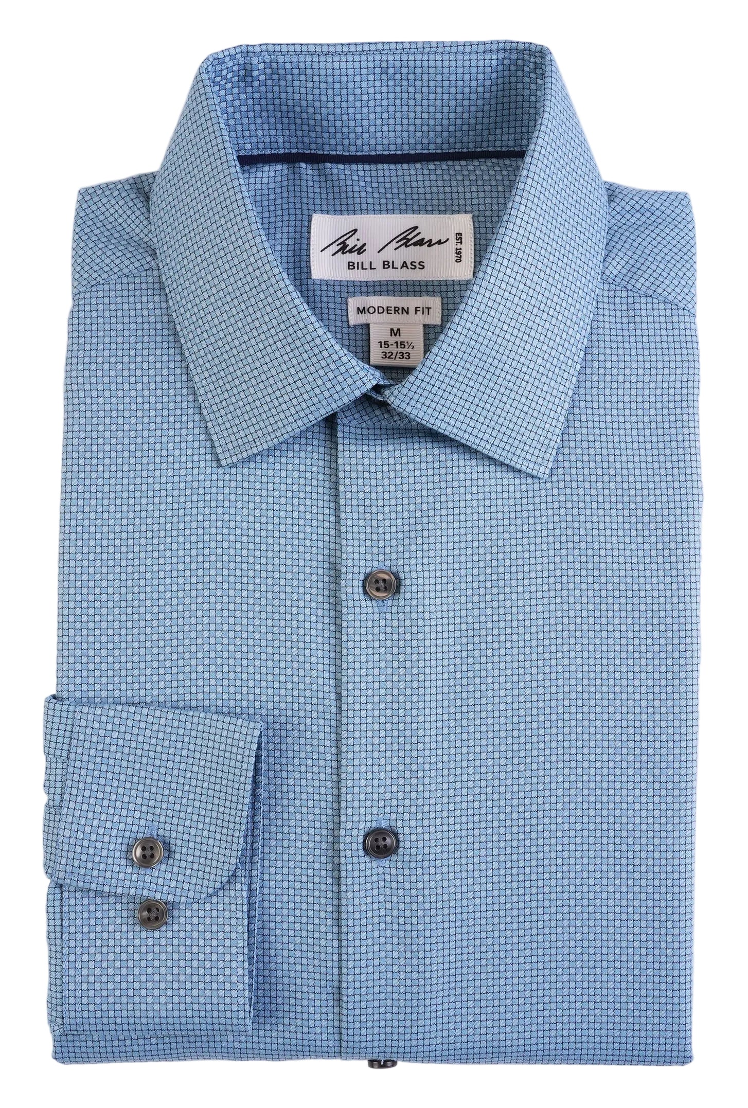 Folded blue checkered dress shirt with a brand label on a white background