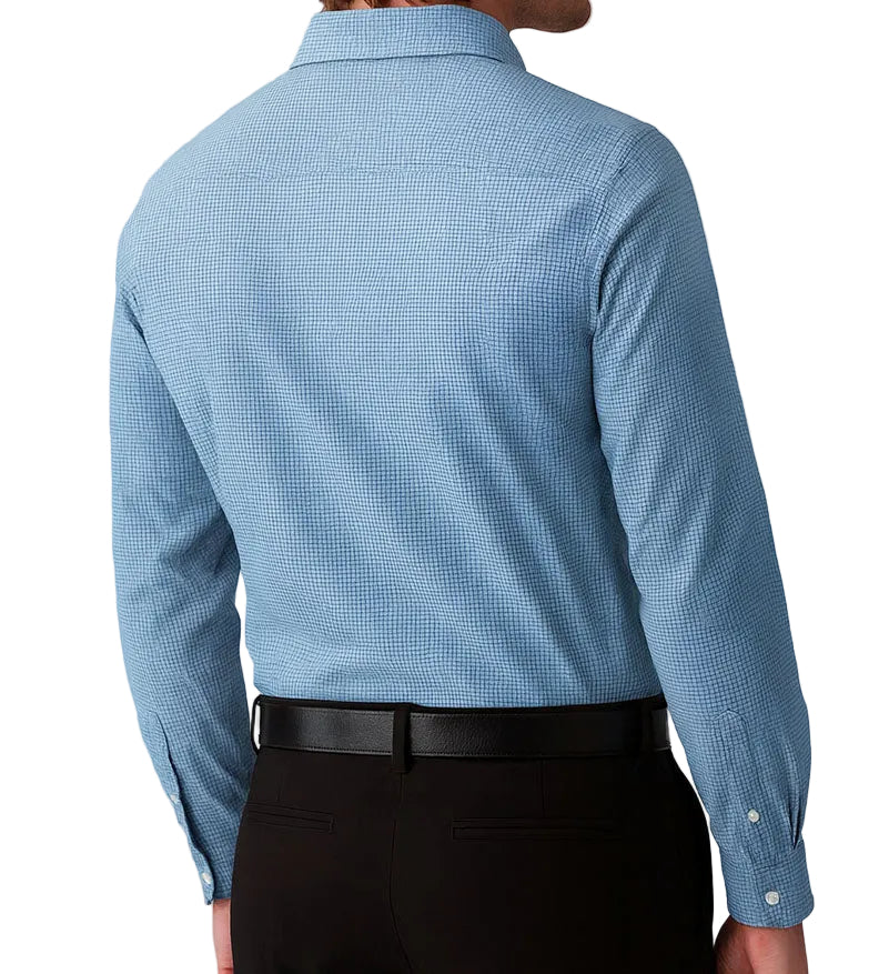 Blue checkered shirt worn by a person on a white background