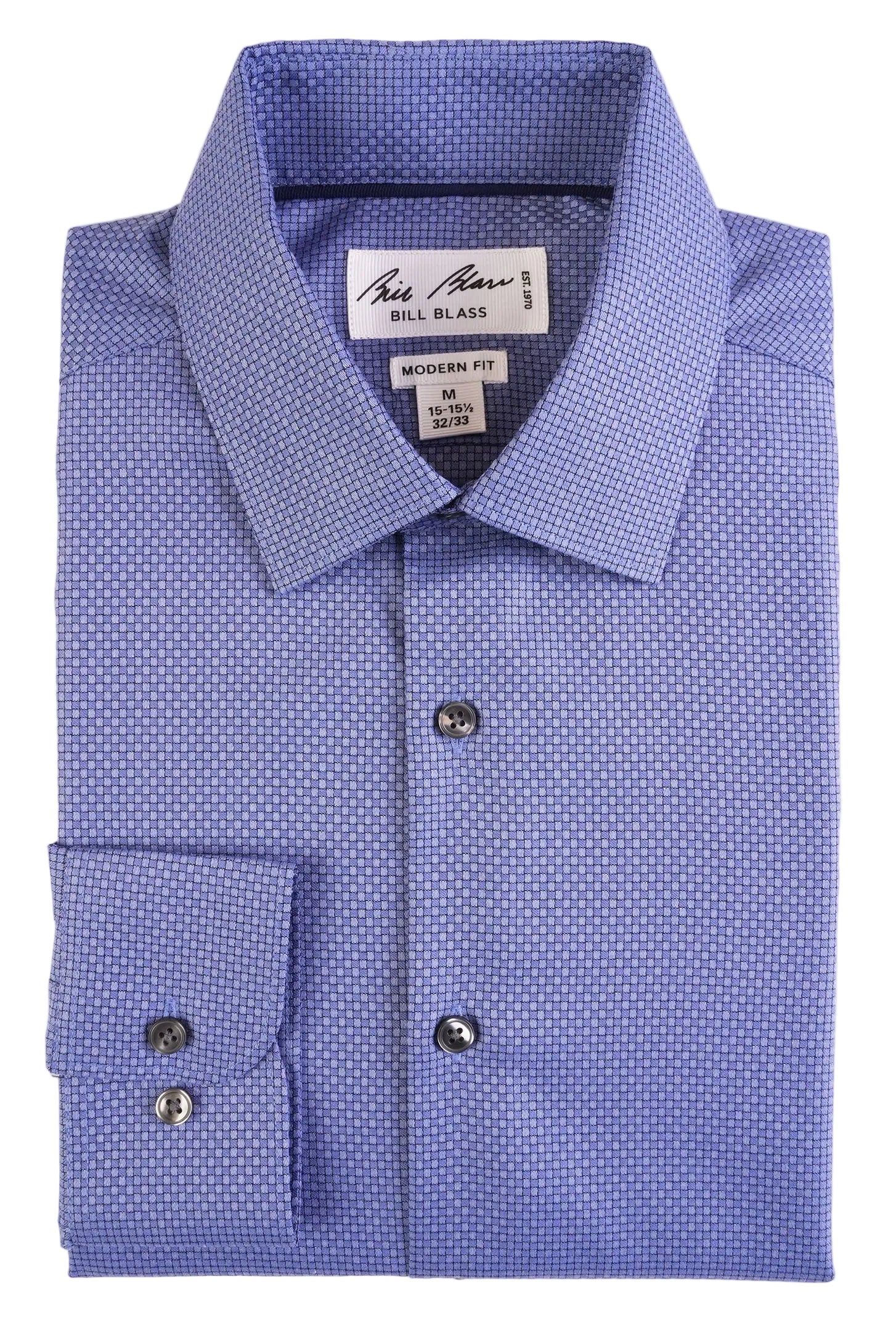 Folded blue dress shirt with a pattern on a white background