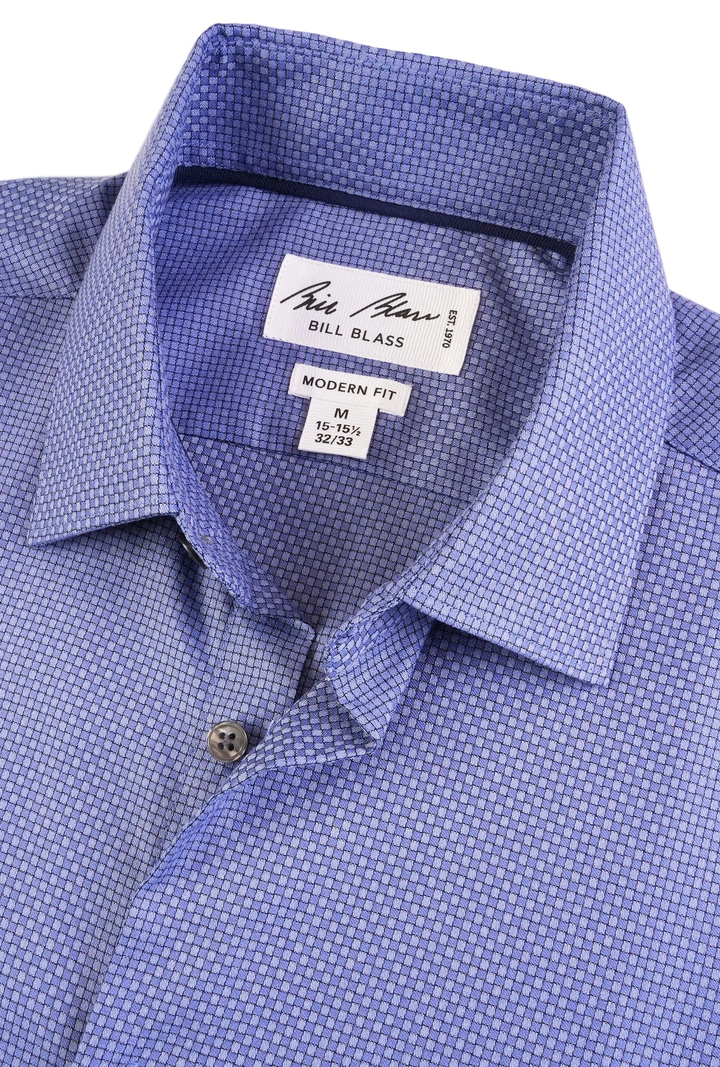 Blue checkered dress shirt with brand label on a white background