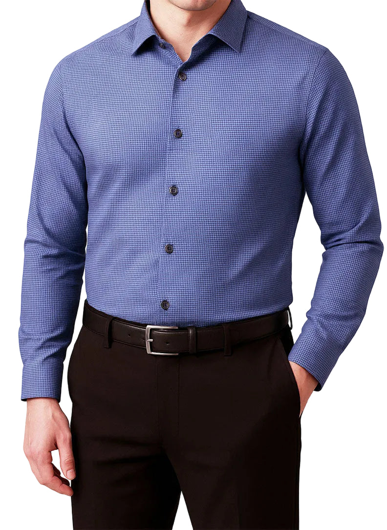 Blue checkered dress shirt worn by a person on a white background