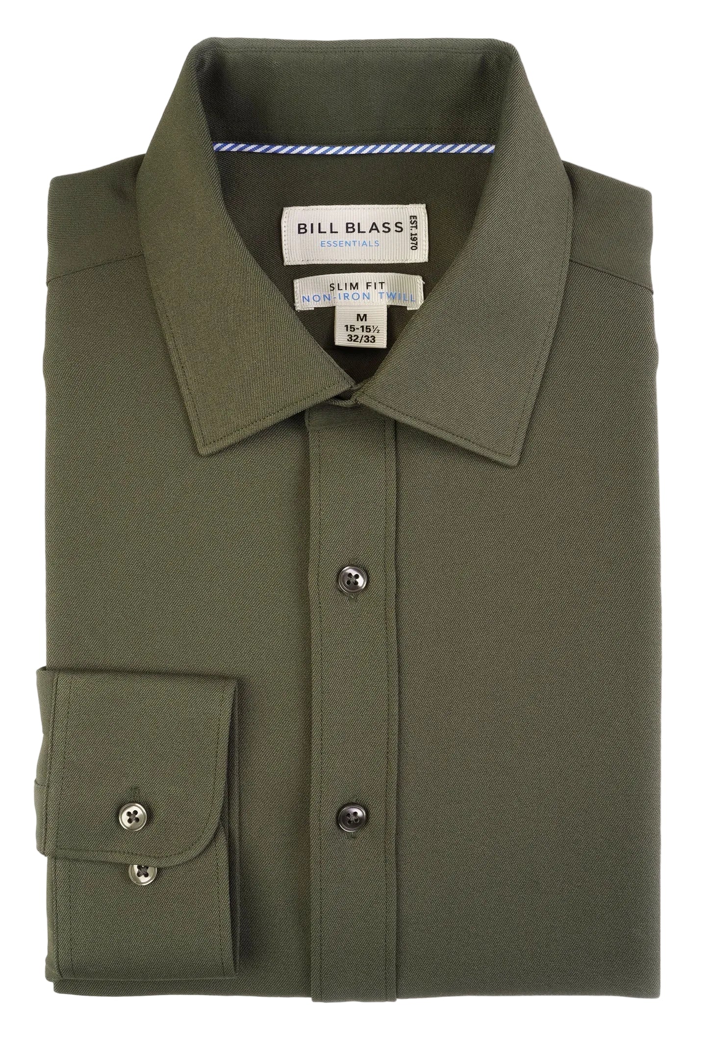 Folded green dress shirt with 'Bill Blass' label on a white background