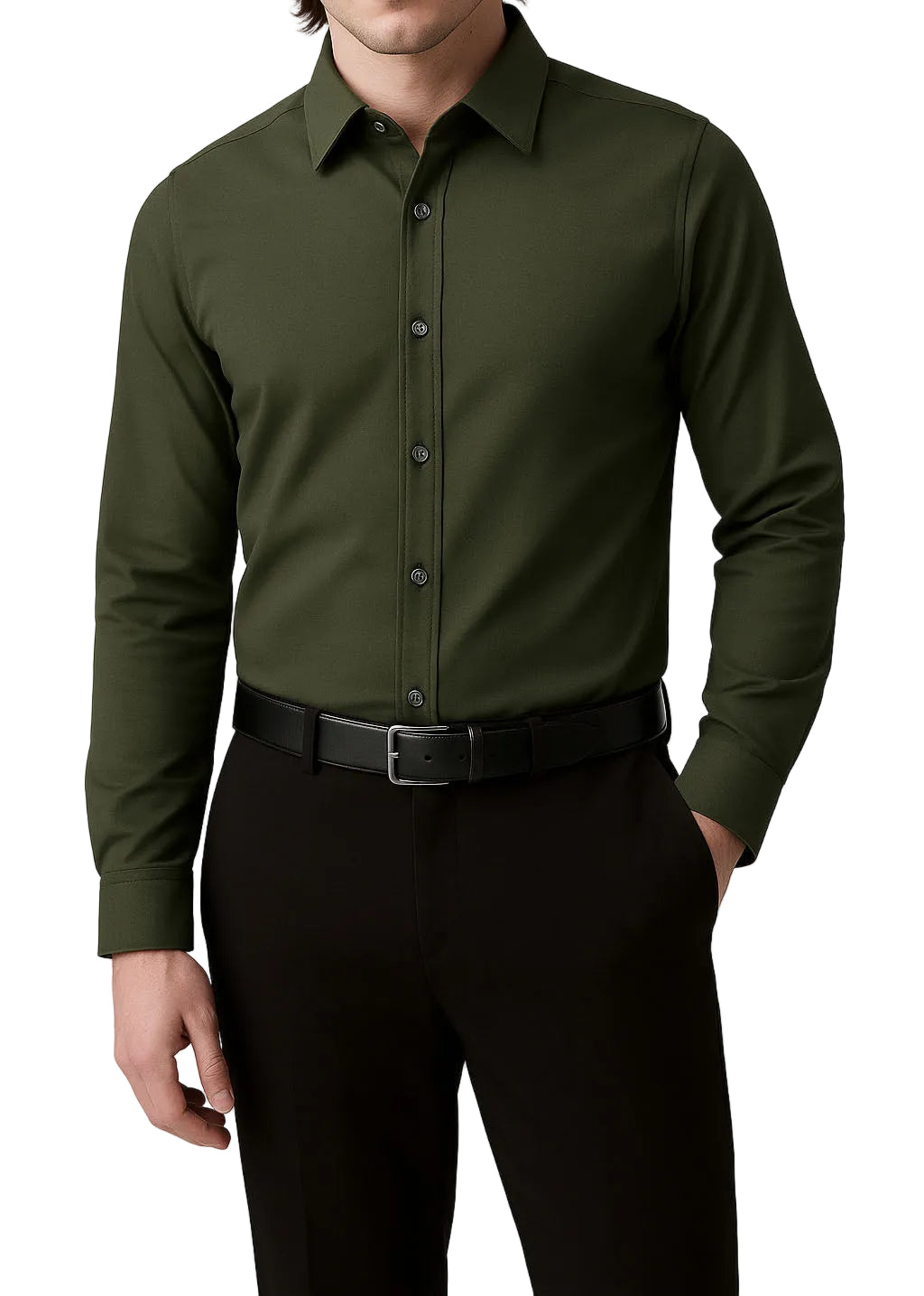 Green dress shirt worn by a person on a white background
