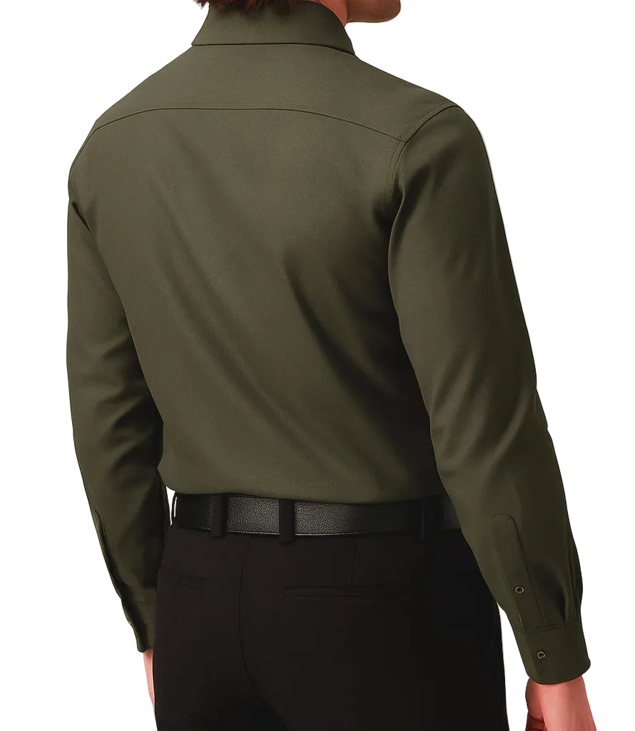Green shirt worn by a person on a white background