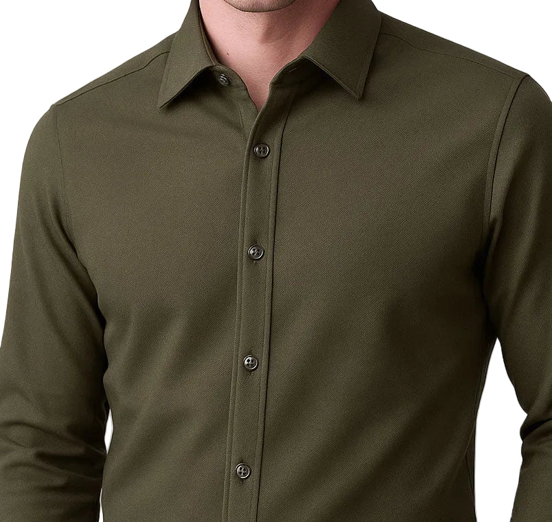 Green button-up shirt on a white background