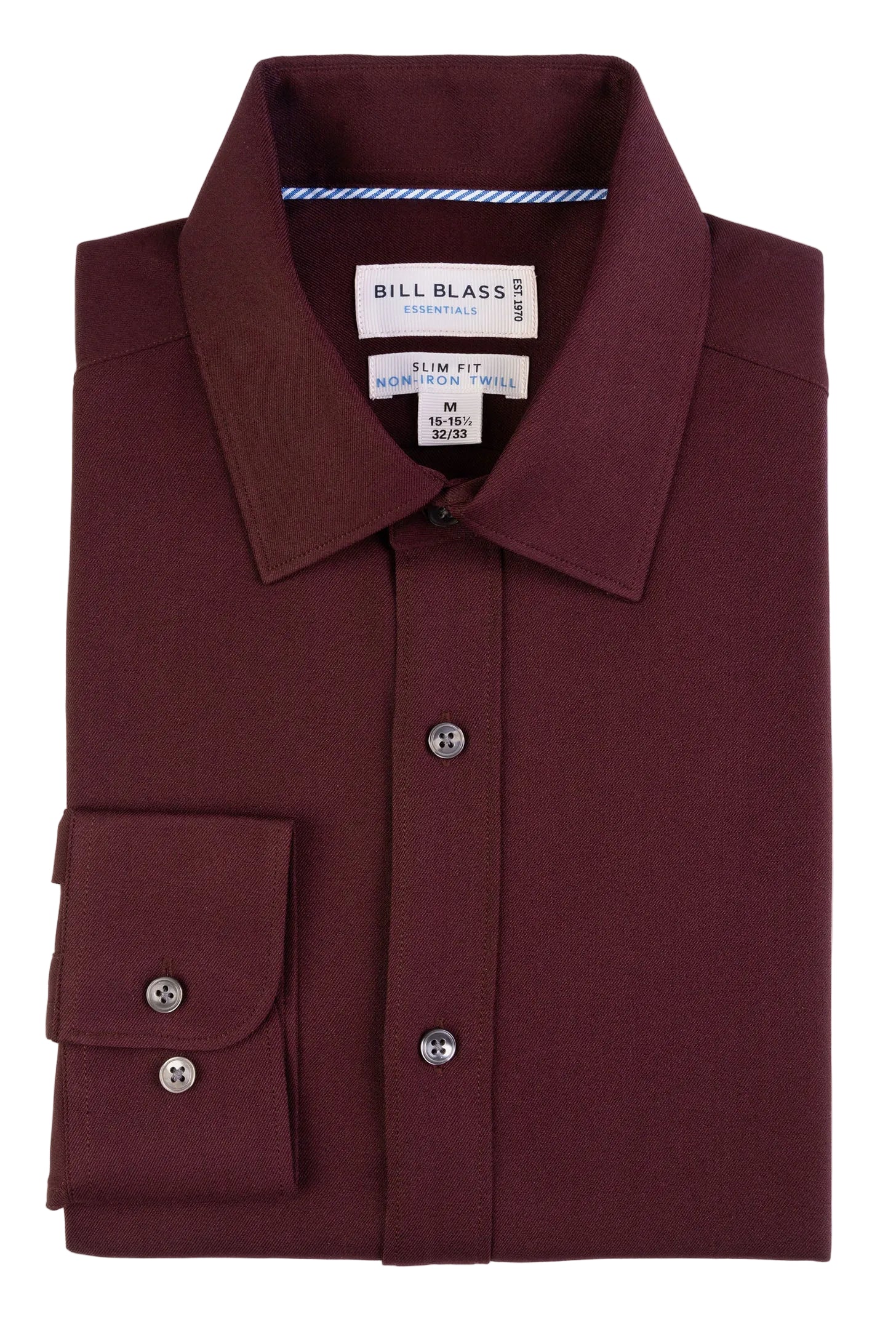 Folded maroon shirt with 'Bill Blass' label on a white background