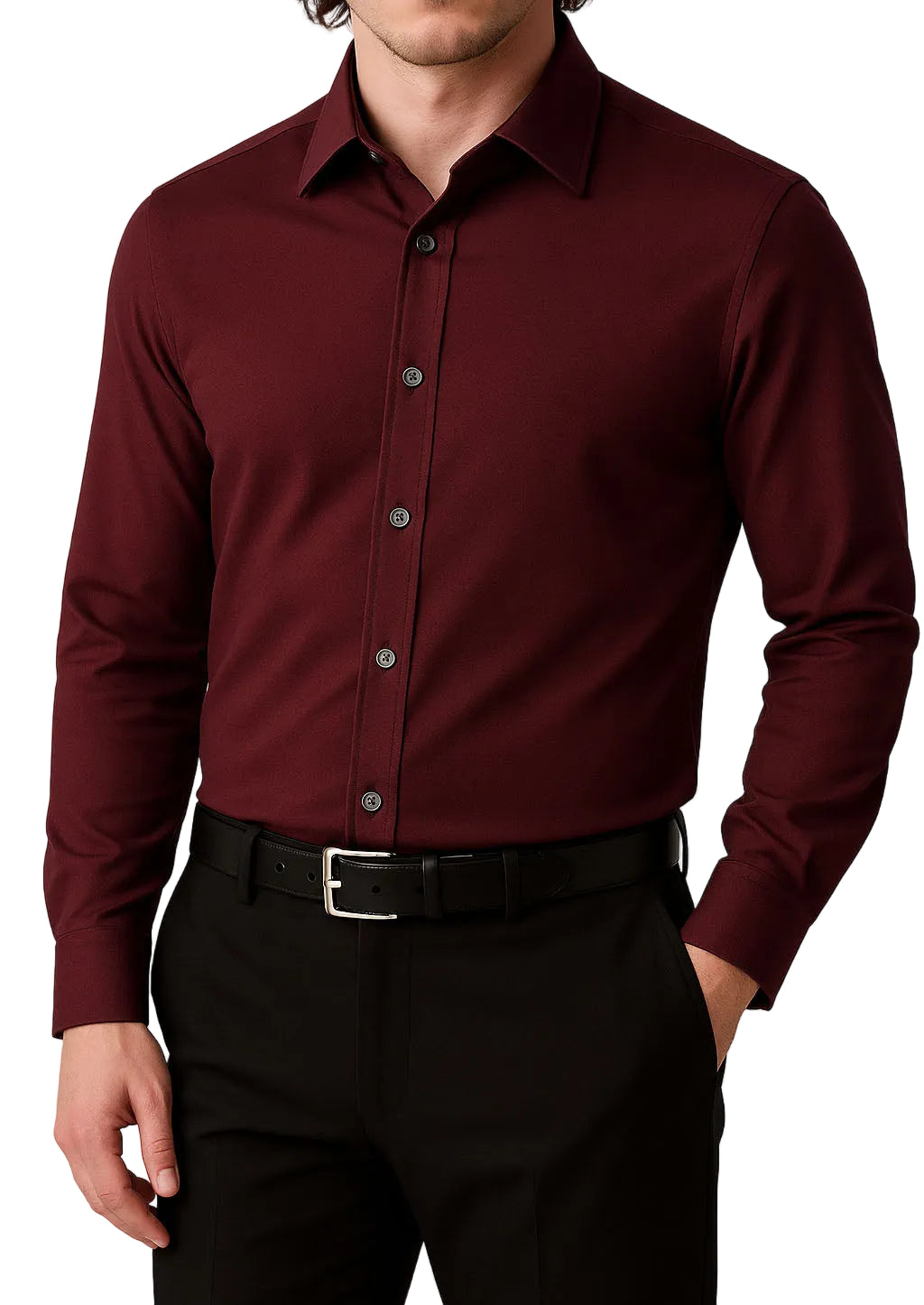 Maroon dress shirt worn by a person on a white background