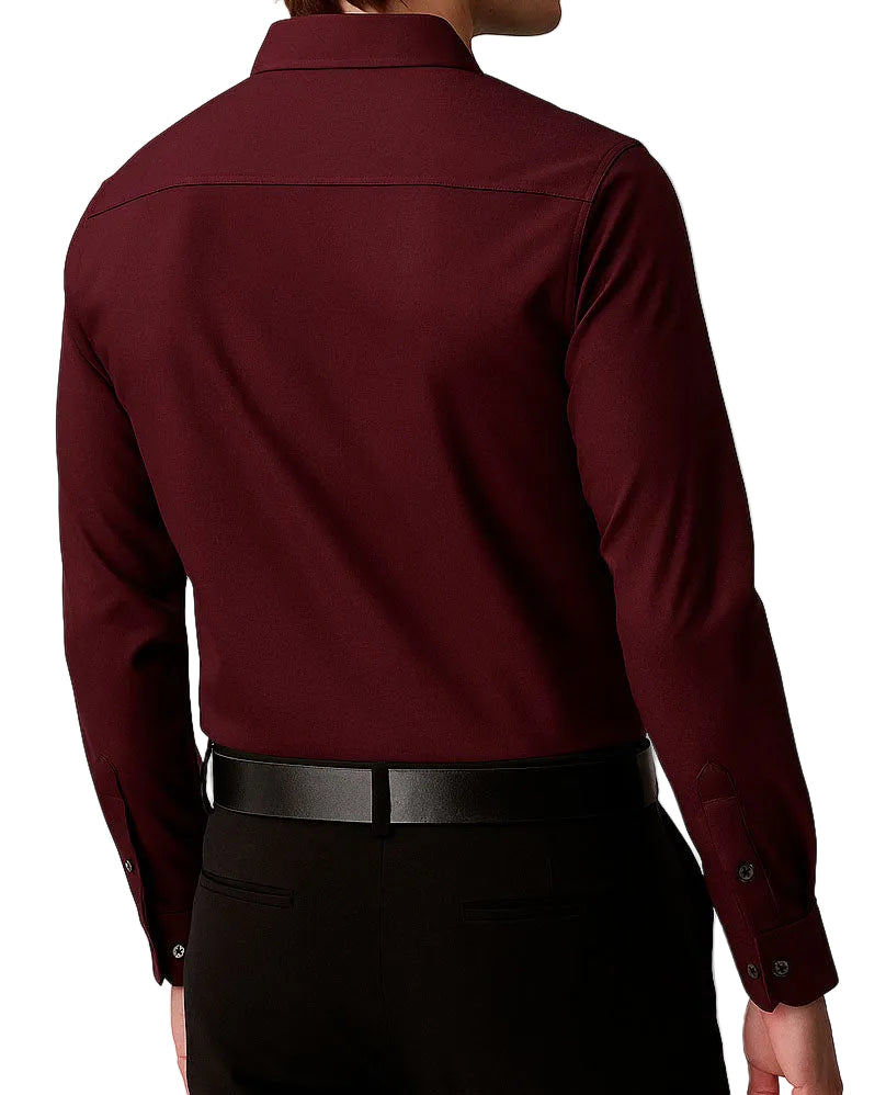 Maroon shirt worn by a person on a white background