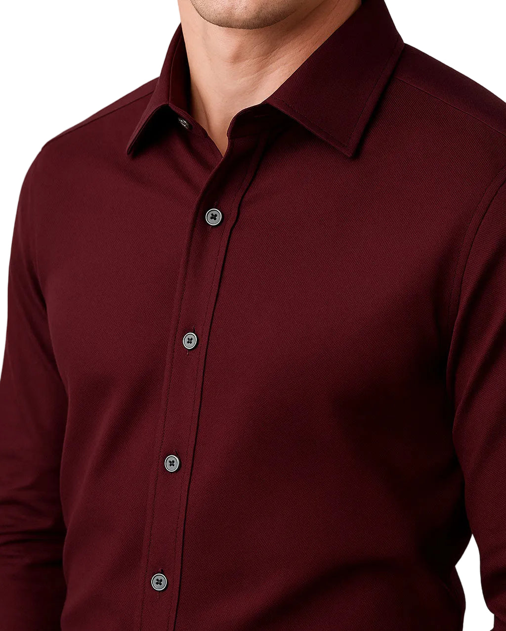 Maroon button-up shirt worn by a person on a white background