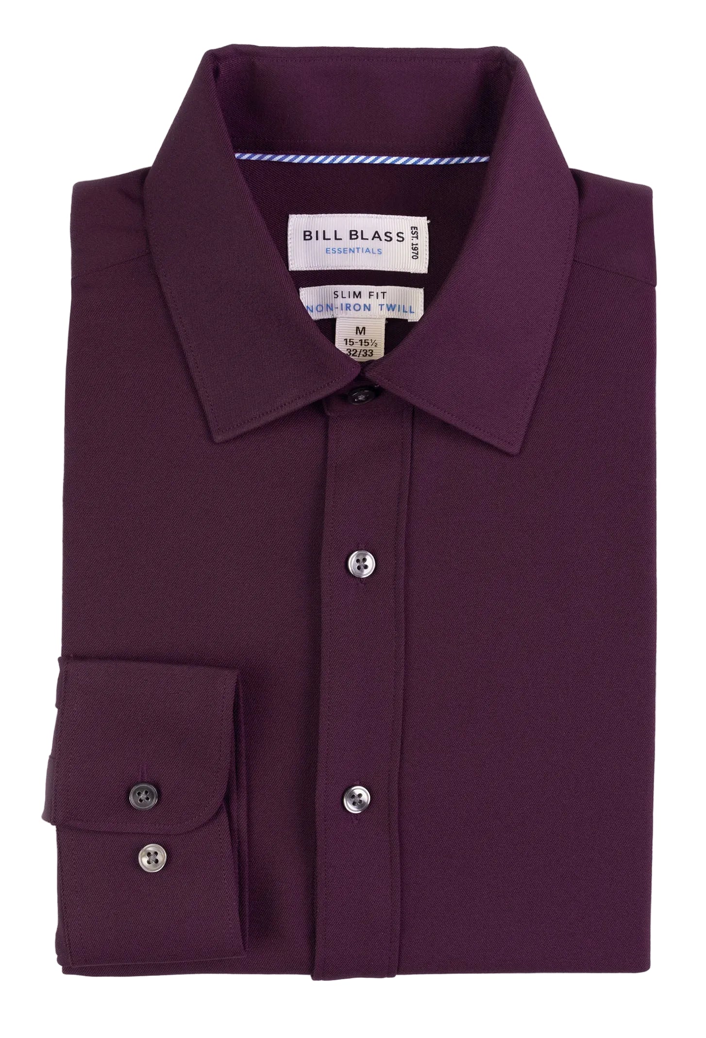 Folded purple dress shirt with 'Bill Blass' label on a white background