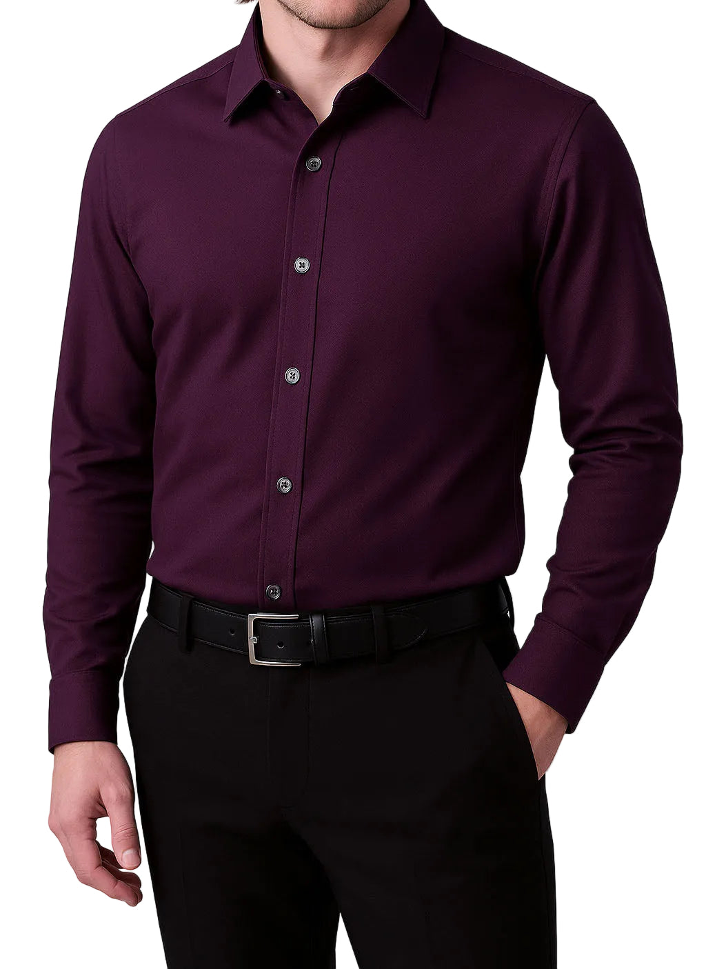 Purple dress shirt worn by a person on a white background