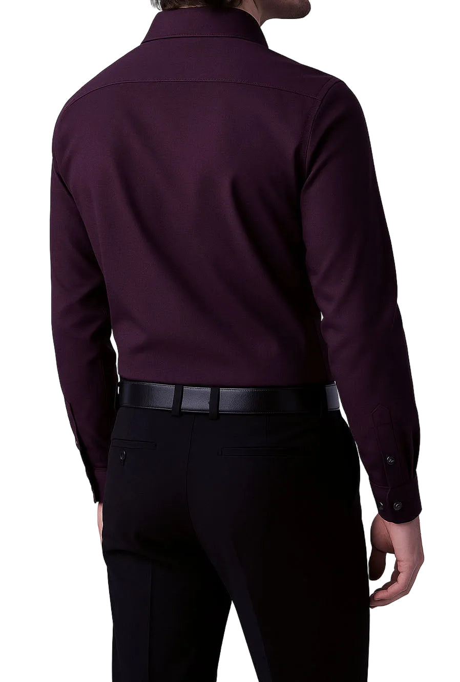 Person wearing a dark purple dress shirt and black pants on a white background