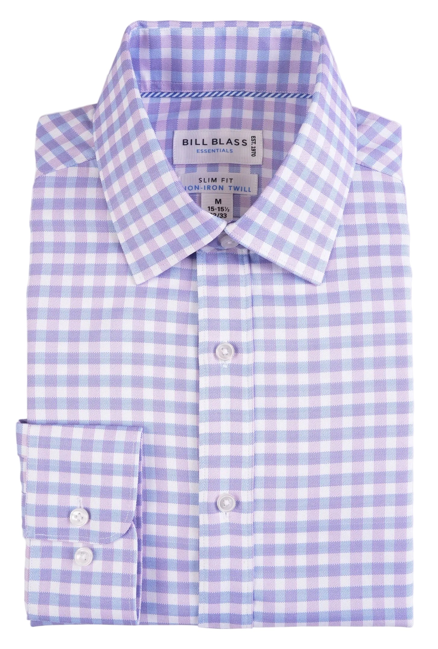 Blue and white checkered dress shirt with 'Bill Blass' label on a white background