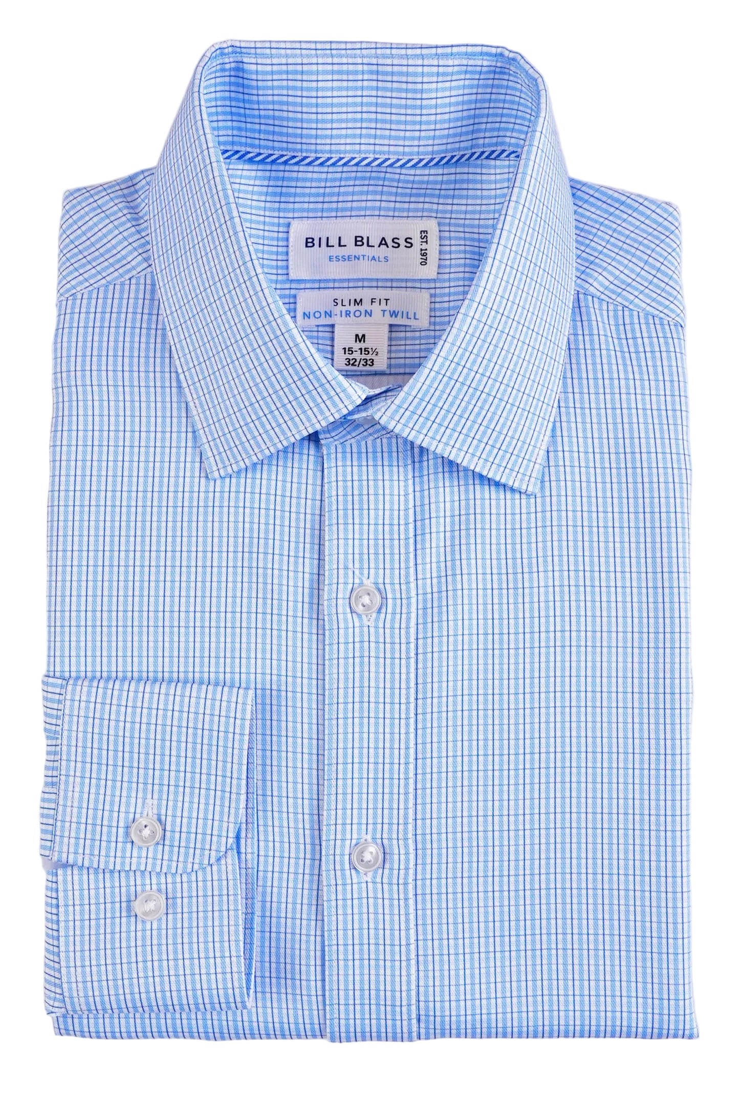Folded blue checkered shirt with 'Bill Blass' label on a light gray background