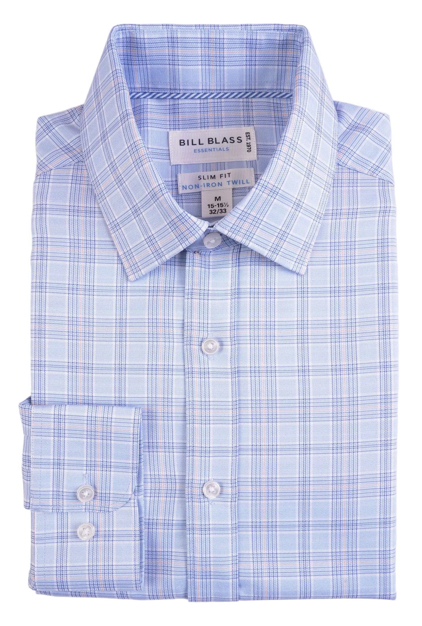 Blue checkered dress shirt with 'Bill Blass' label on a white background