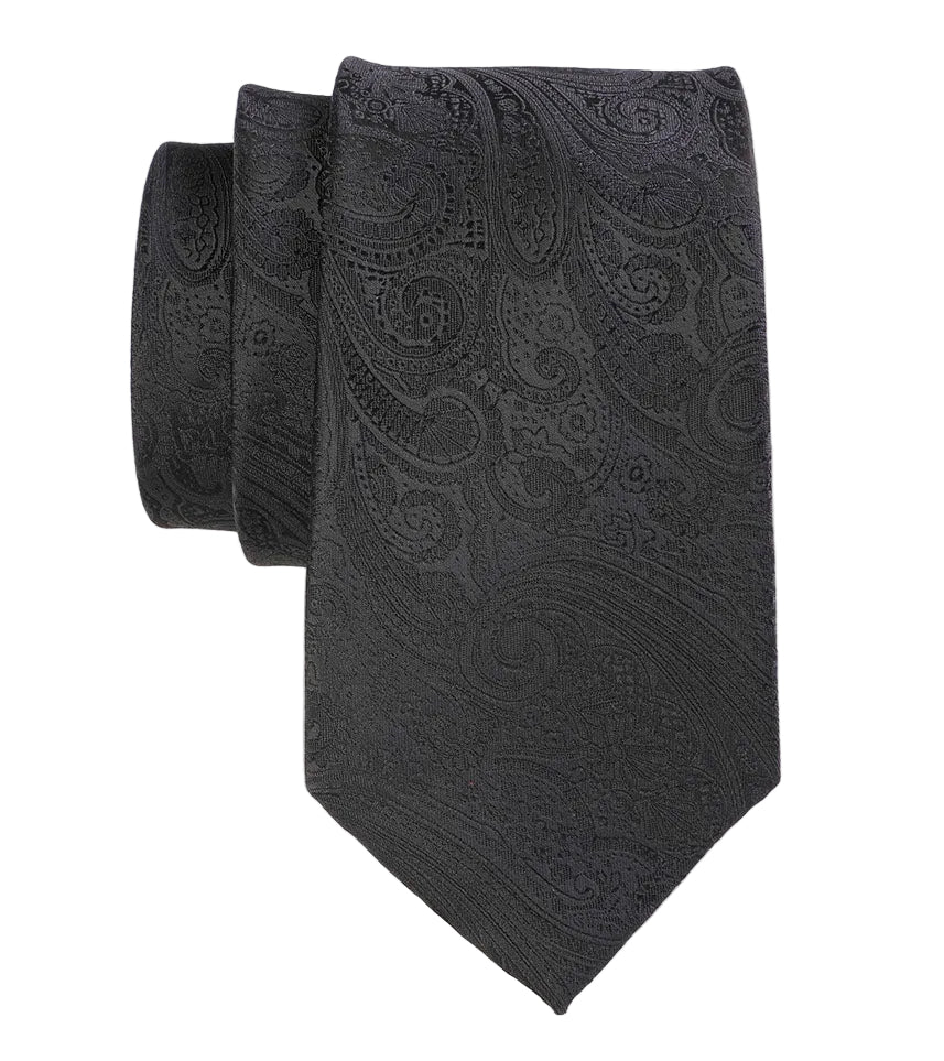 Black paisley patterned tie on a white background