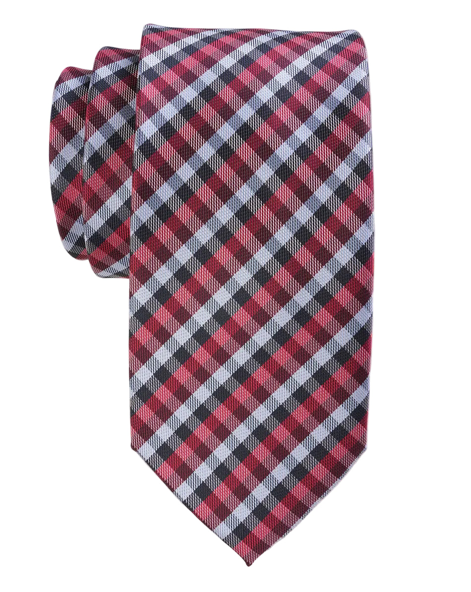Red and black plaid tie on a white background