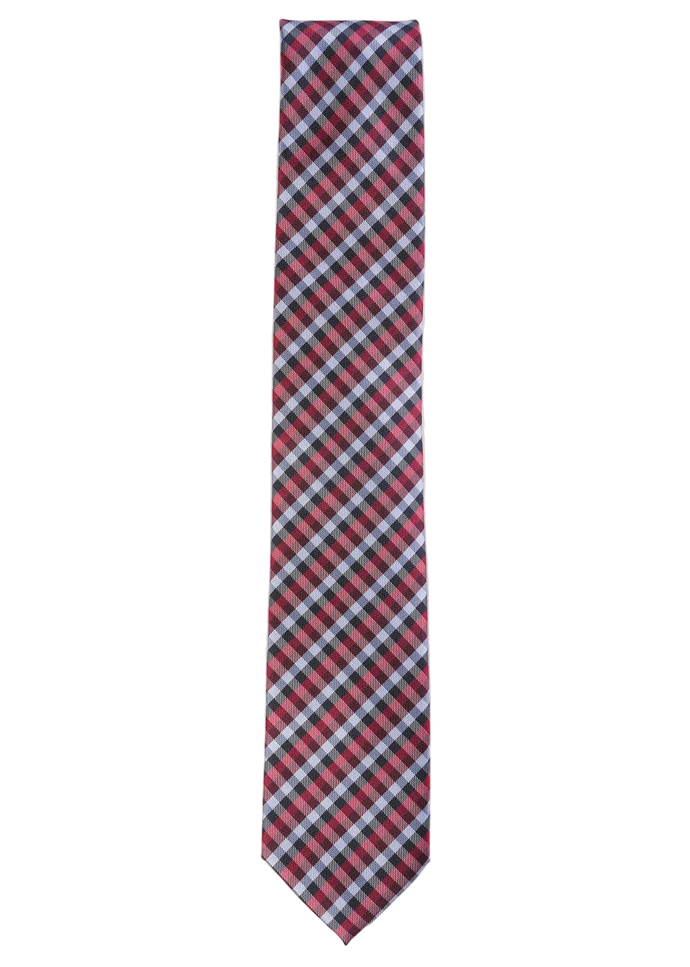Plaid tie with red and blue pattern on a white background