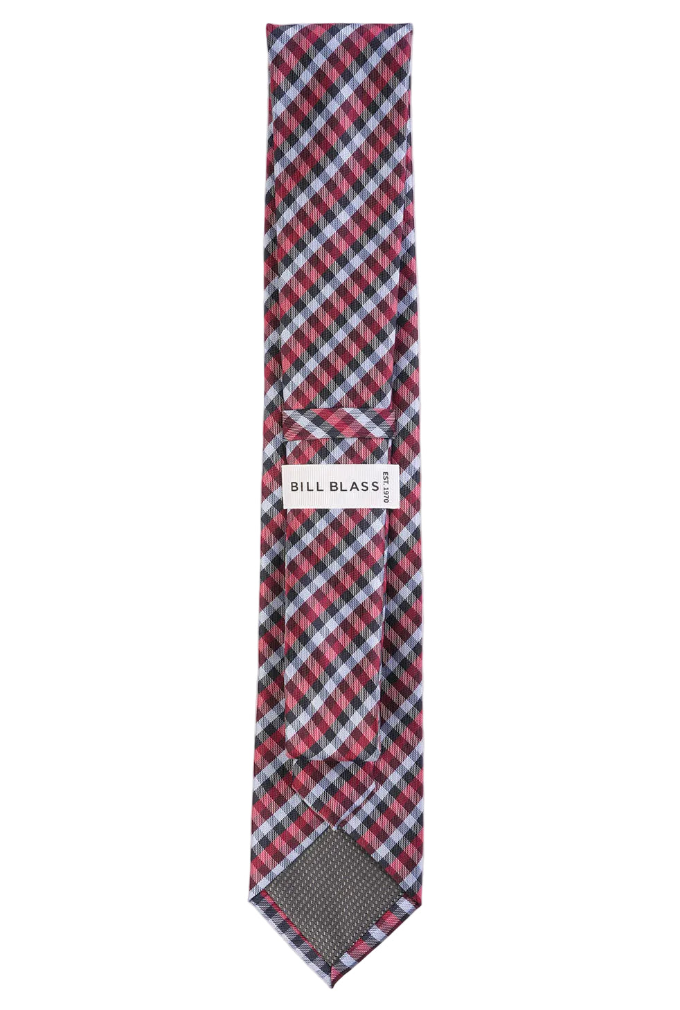 Plaid tie with 'Bill Blass' label on a white background