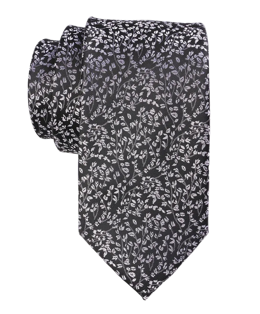 Black floral patterned tie on a white background