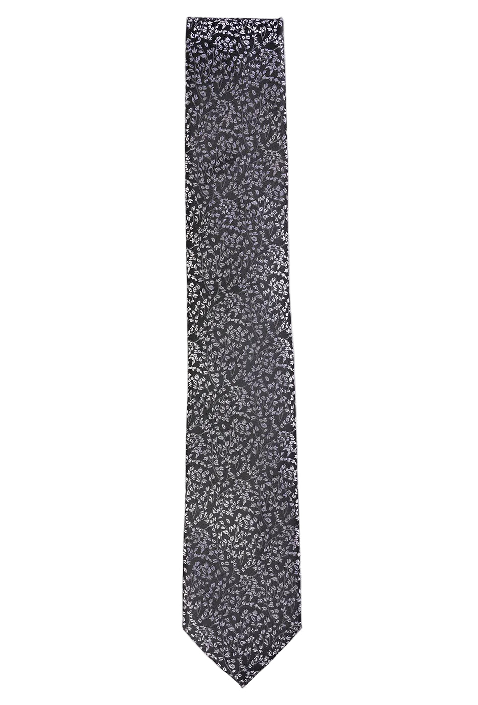 Black tie with white floral pattern on a white background