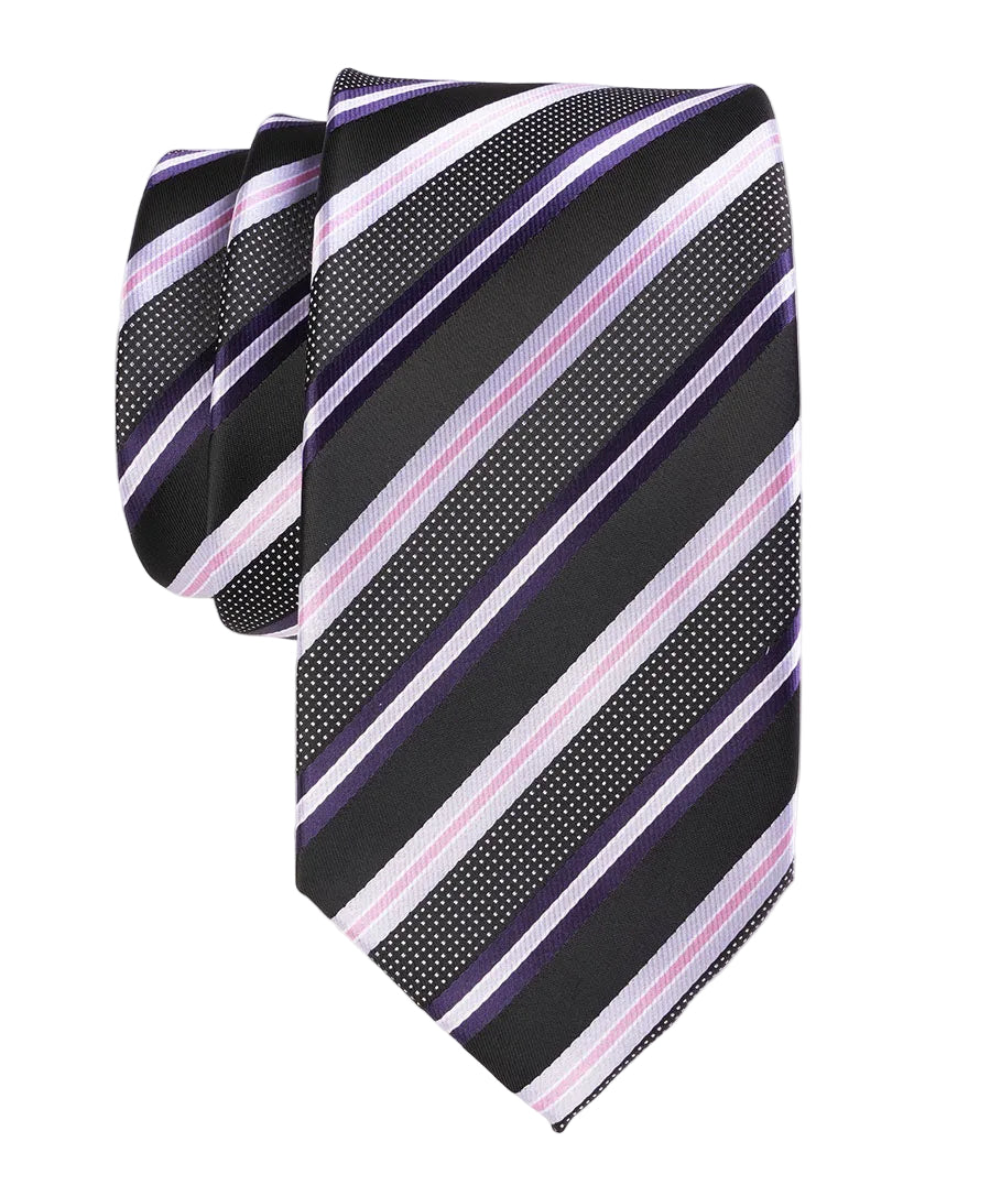 Striped tie with black, purple, and white pattern on a white background
