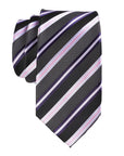 Striped tie with black, purple, and white pattern on a white background