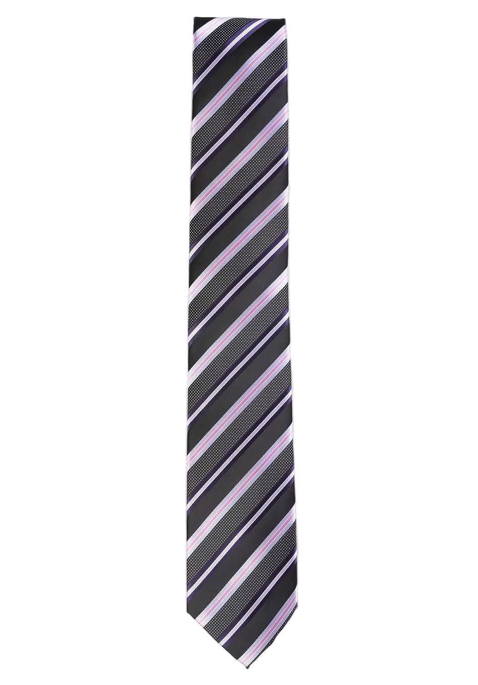Striped tie with black, gray, and purple pattern on a white background