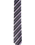 Striped tie with black, gray, and purple pattern on a white background